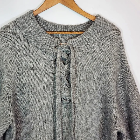 Zara Lace Up Oversized Wool Mohair Mock Neck Sweater Dress Grey Size Medium - Picture 3 of 11